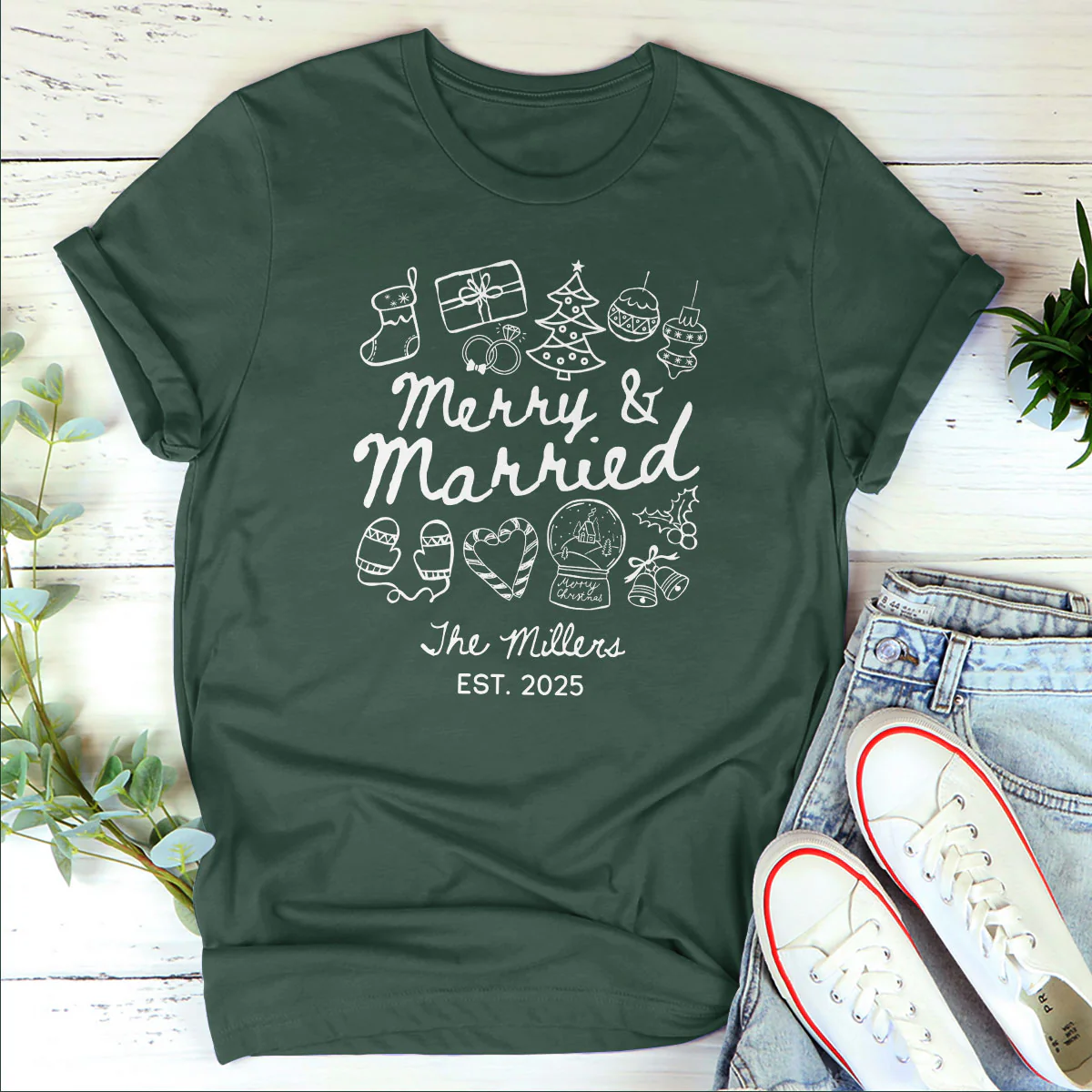 Merry & Married First Christmas Couple - Personalized 2D Unisex T-shirt - Image 4
