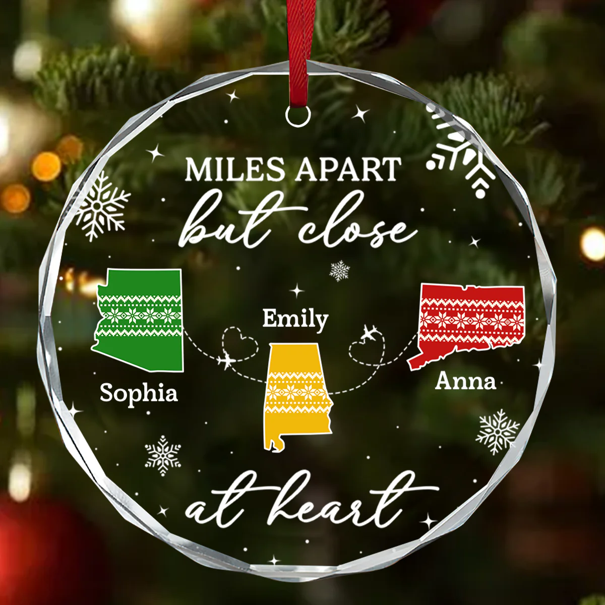 Miles Apart But Close At Heart - Personalized Round Shaped Glass Ornament