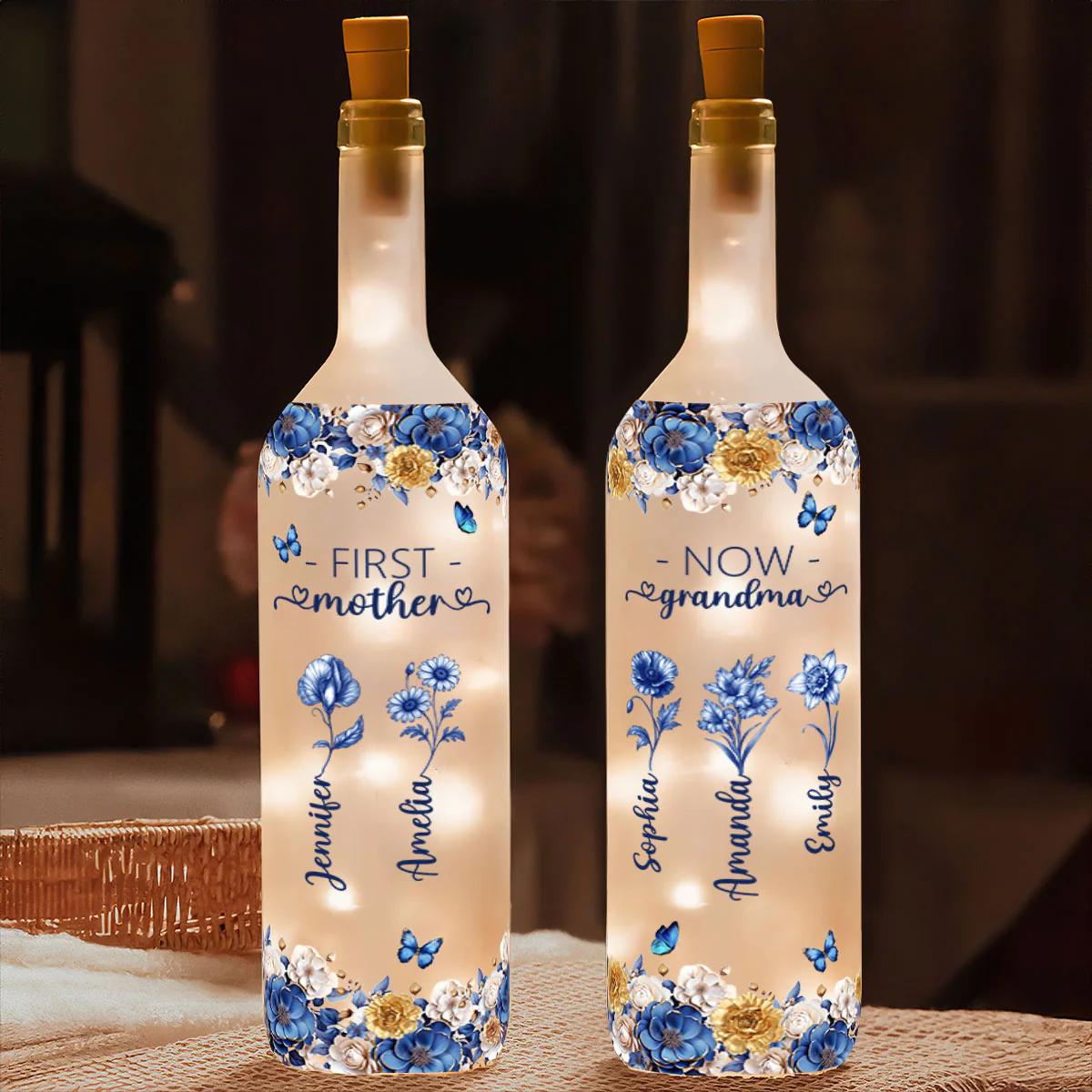Mom Then Grandma Now Blue Toile - Personalized Bottle Lamp - Image 2