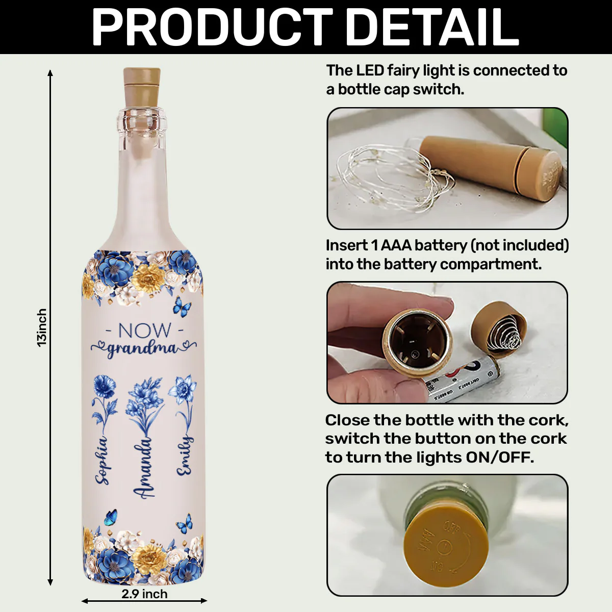Mom Then Grandma Now Blue Toile - Personalized Bottle Lamp - Image 6
