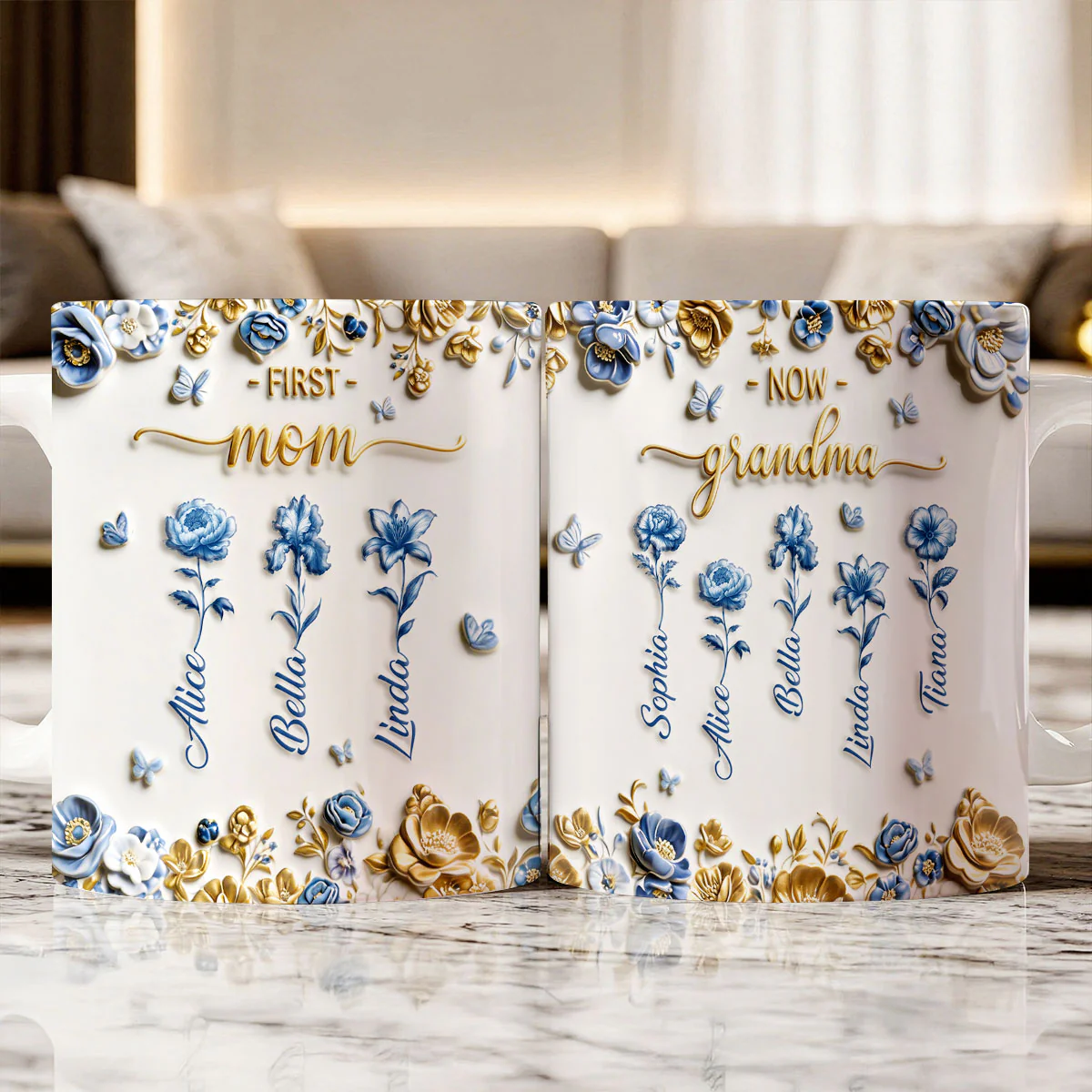 Mom Then Grandma Now Blue Toile - Personalized Ceramic Coffee Mug