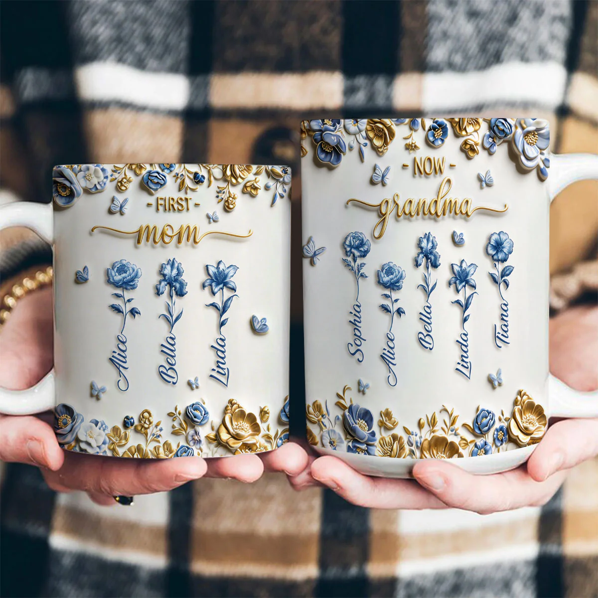 Mom Then Grandma Now Blue Toile - Personalized Ceramic Coffee Mug - Image 3