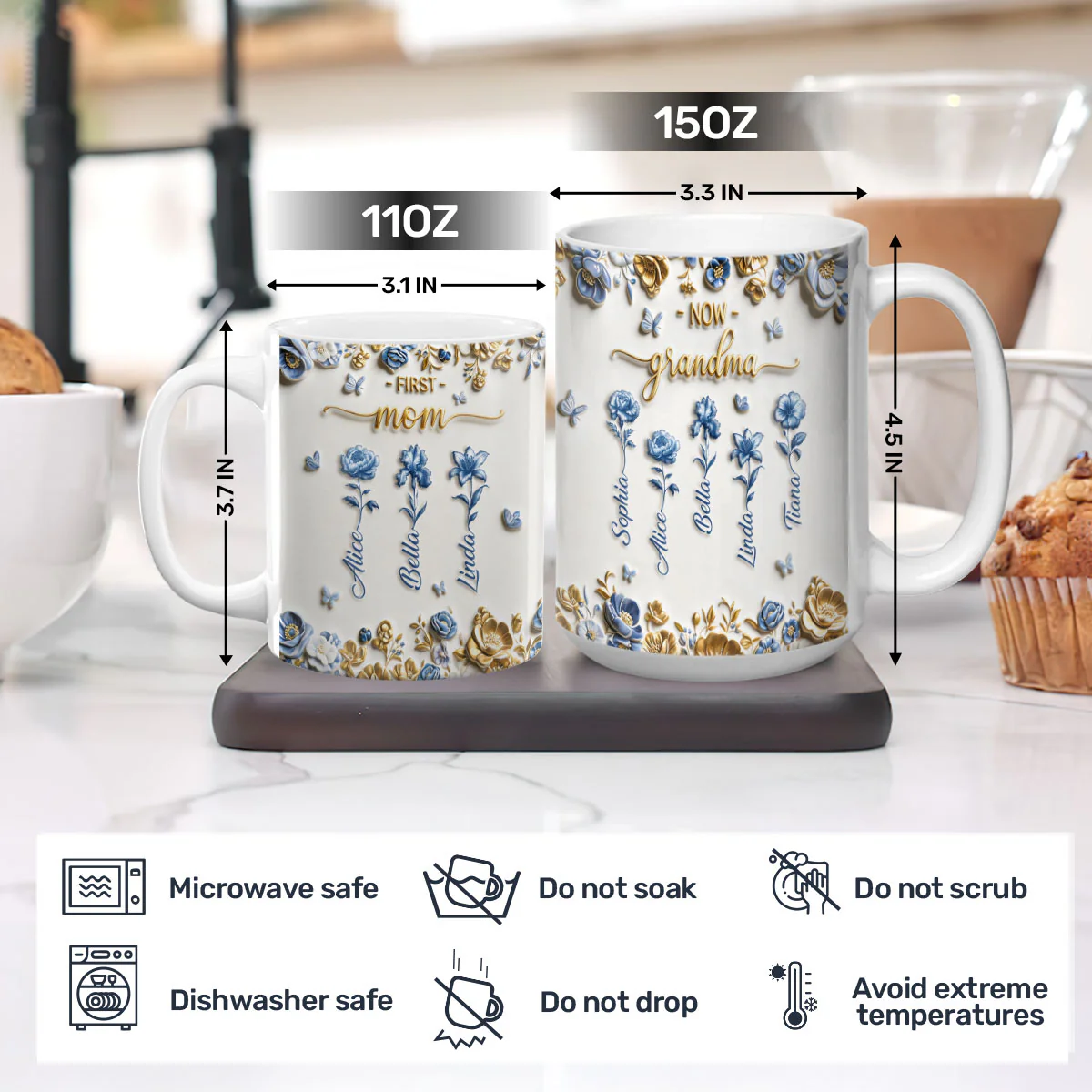 Mom Then Grandma Now Blue Toile - Personalized Ceramic Coffee Mug - Image 6