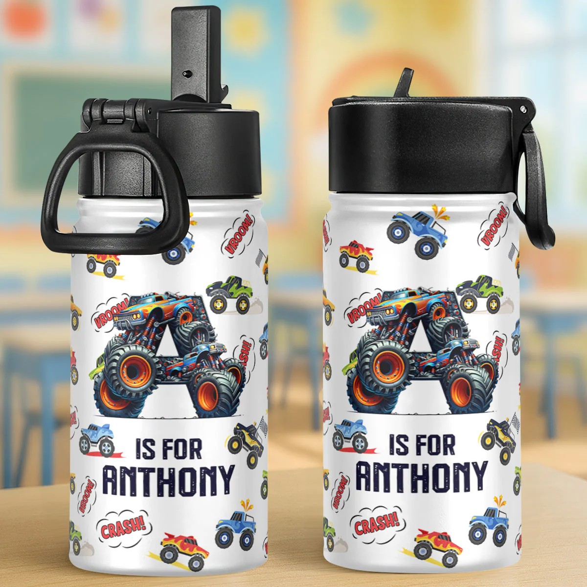 Monster Truck Alphabet - Personalized Kids Stainless Steel Water Bottle