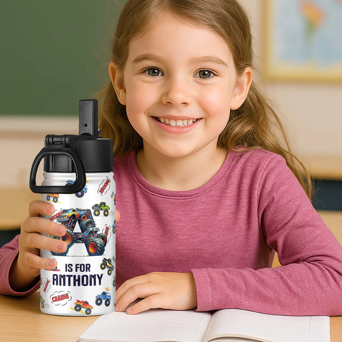 Monster Truck Alphabet - Personalized Kids Stainless Steel Water Bottle - Image 2