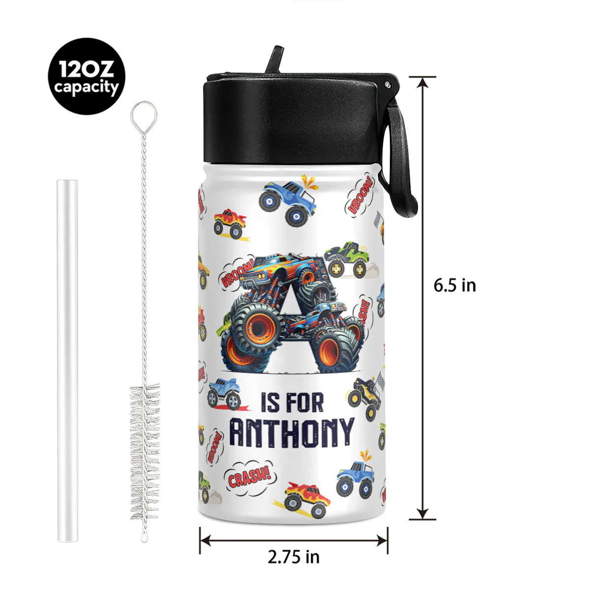 Monster Truck Alphabet - Personalized Kids Stainless Steel Water Bottle - Image 5