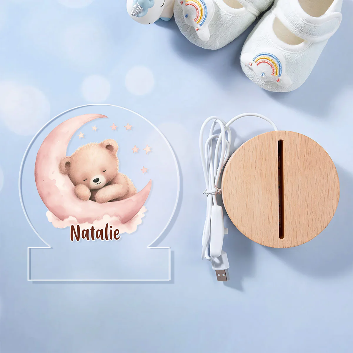 Moon Star Teddy Bear - Personalized Round Base LED Night Light - Image 8