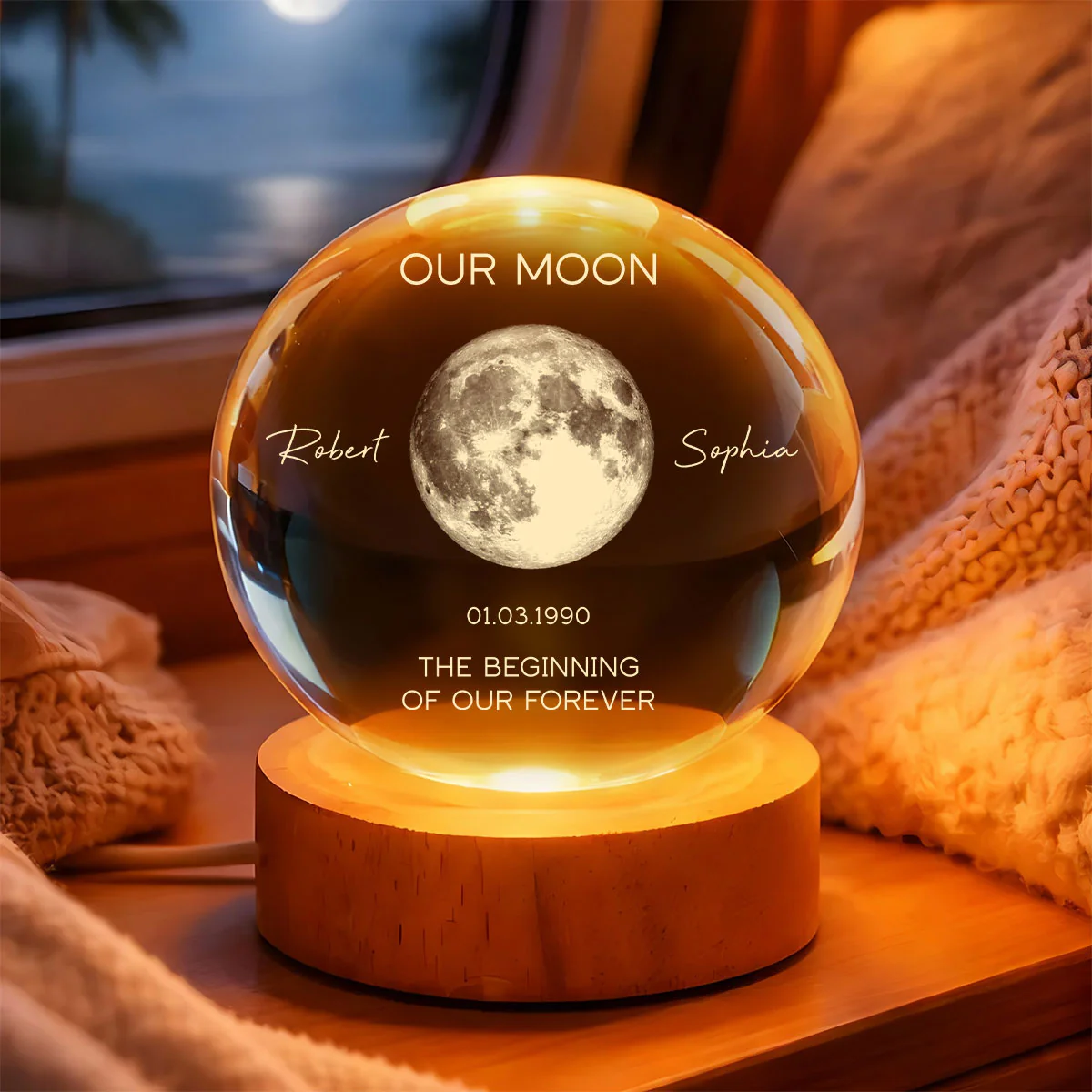 Moon The Beginning Of Our Forever - Personalized Crystal Ball Night Light - Image 6