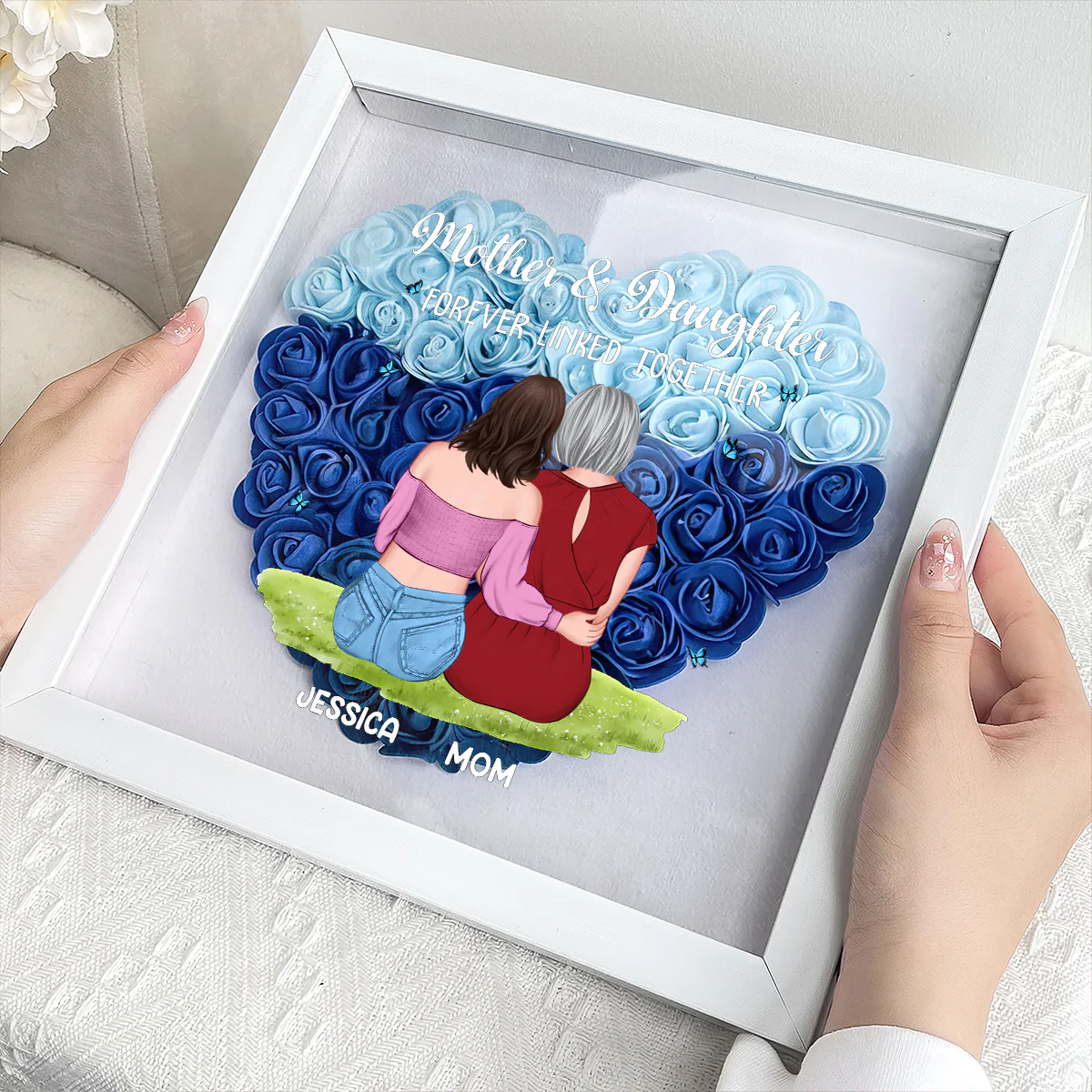 Mother And Daughter Forever Linked Together - Personalized Heart Flower Shadow Box - Image 2