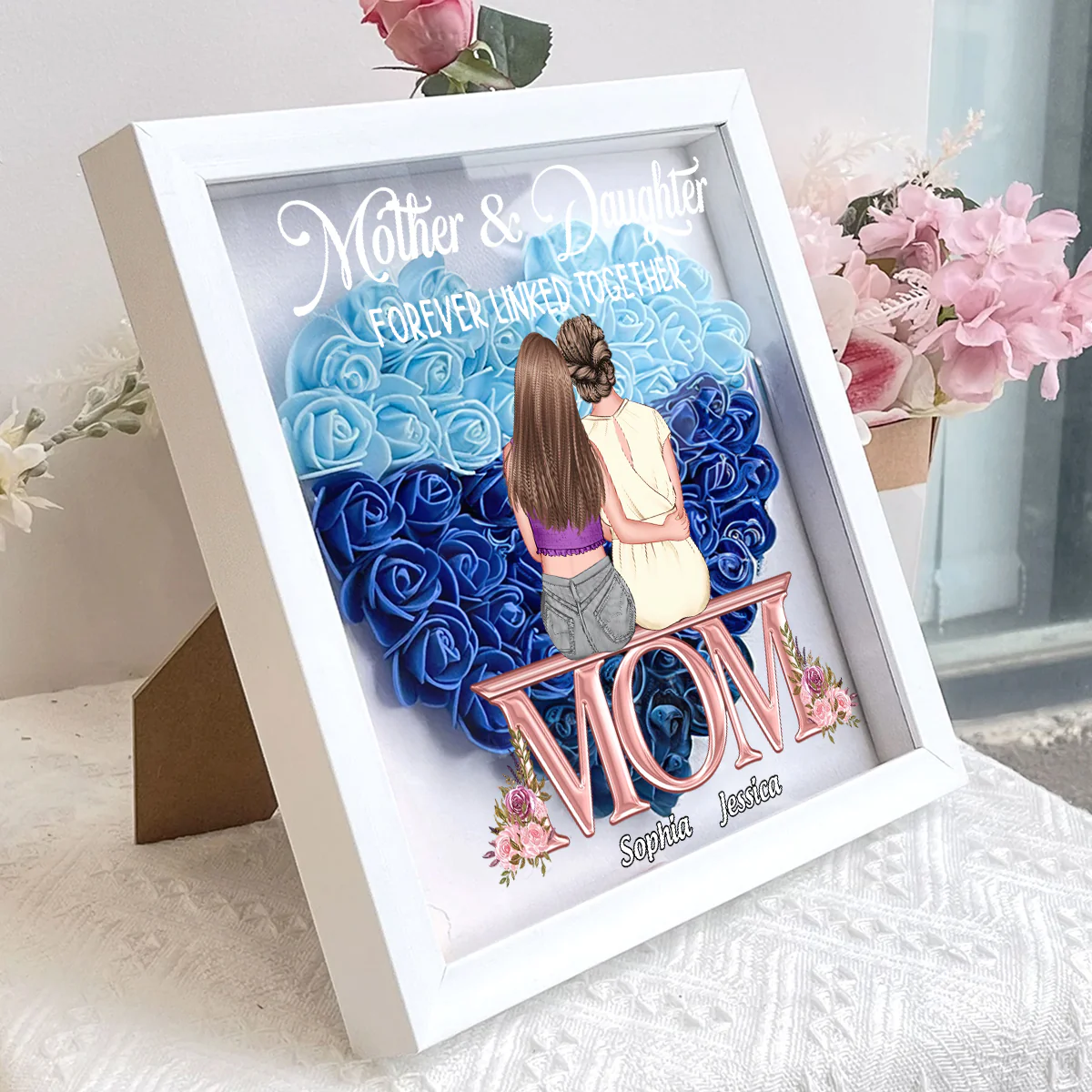 Mother And Daughter Forever Linked Together - Personalized Heart Flower Shadow Box - Image 4