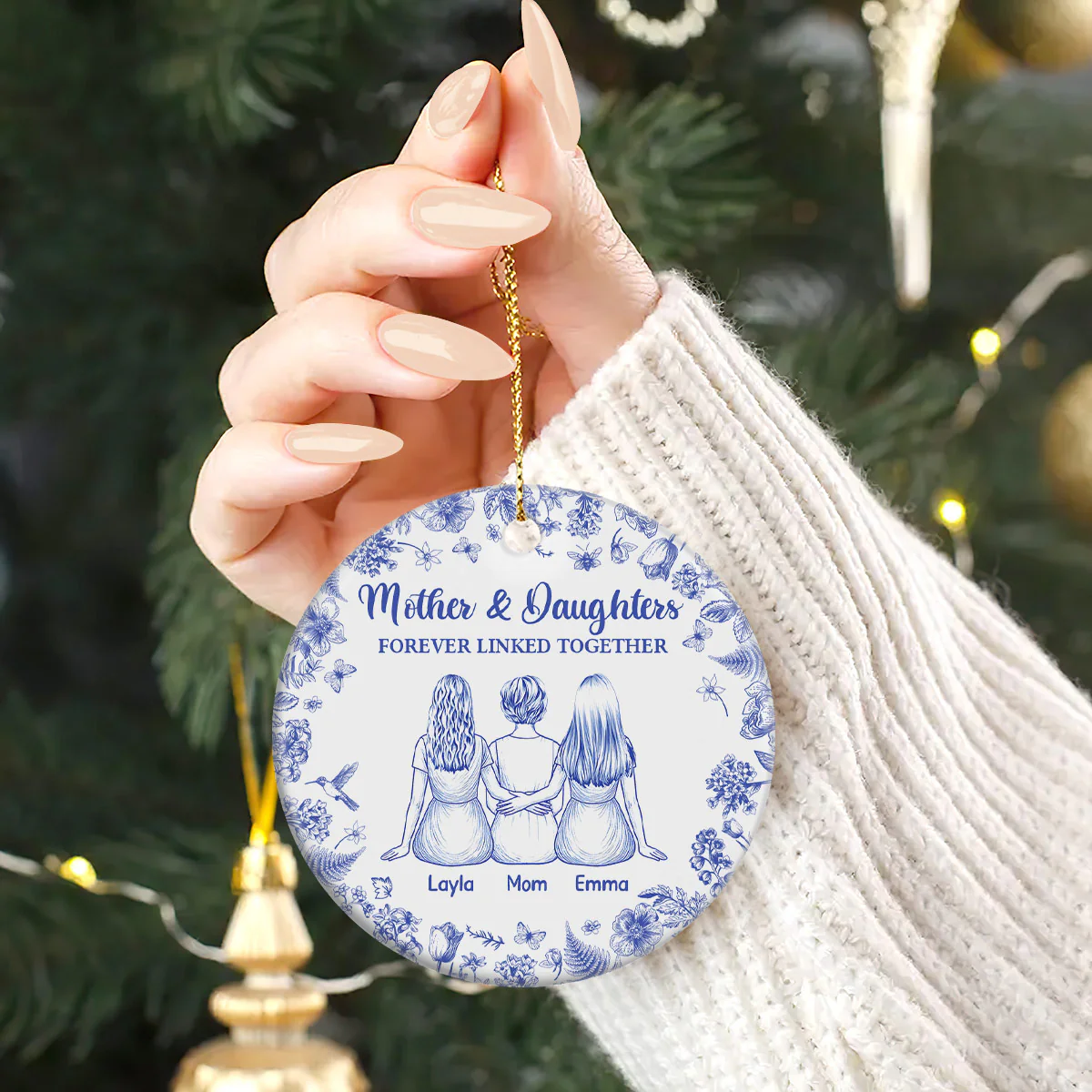 Mother And Daughters Forever Linked Together - Personalized Round Shaped Ceramic Ornament - Image 2