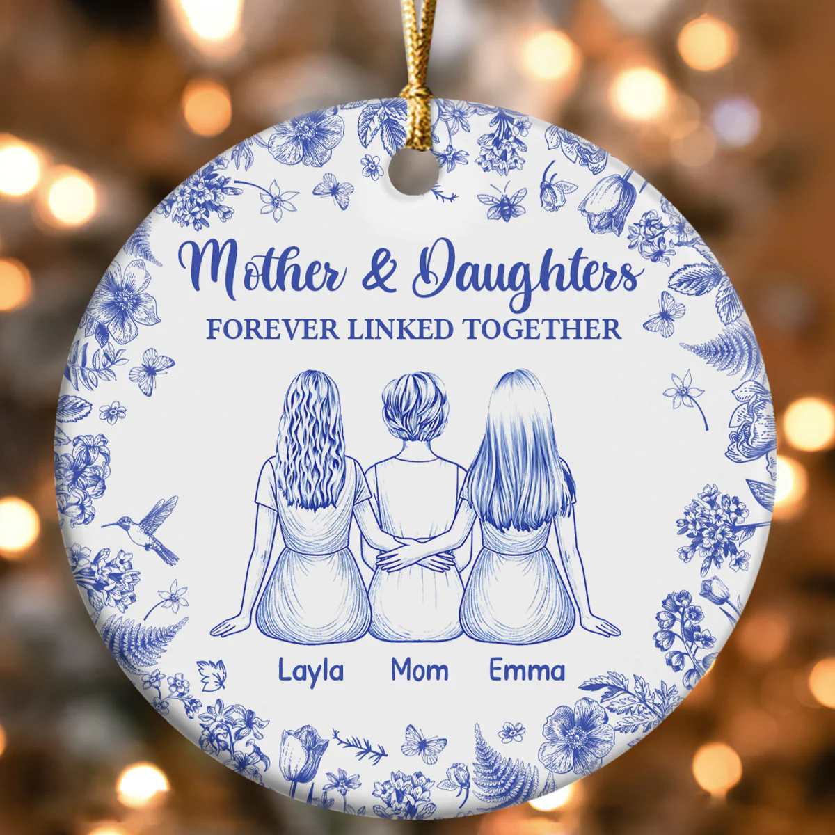Mother And Daughters Forever Linked Together - Personalized Round Shaped Ceramic Ornament - Image 4