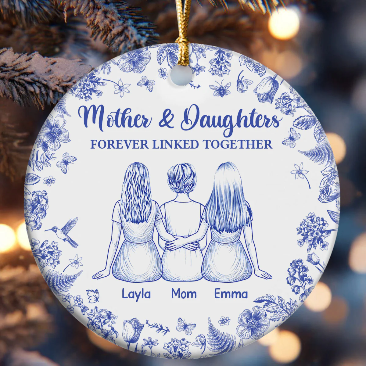 Mother And Daughters Forever Linked Together - Personalized Round Shaped Ceramic Ornament - Image 6