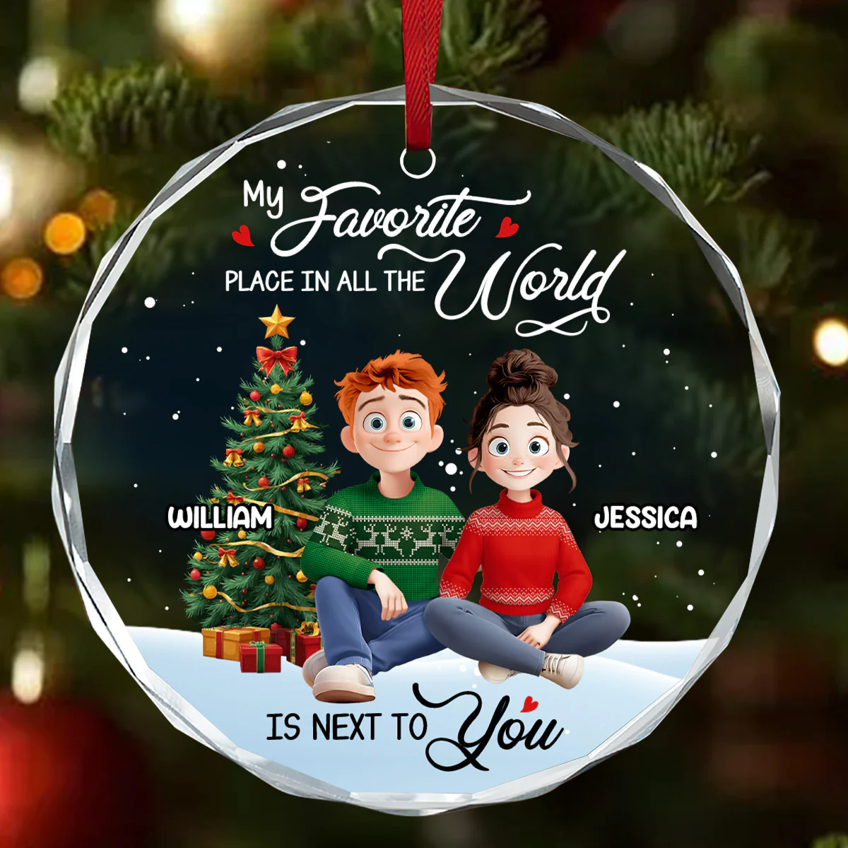 My Favorite Place In All The World Is Next To You - Personalized Round Shaped Glass Ornament