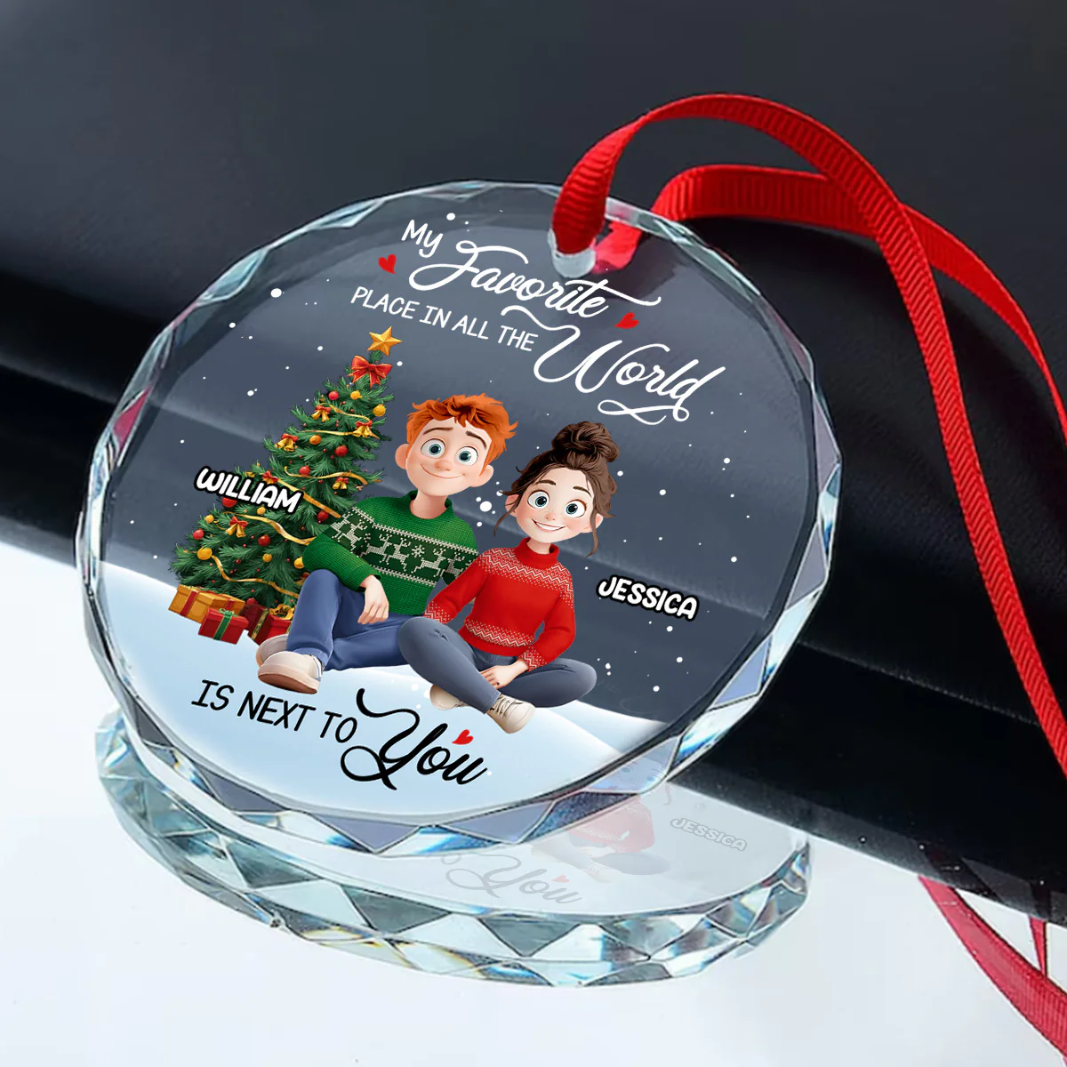 My Favorite Place In All The World Is Next To You - Personalized Round Shaped Glass Ornament - Image 2