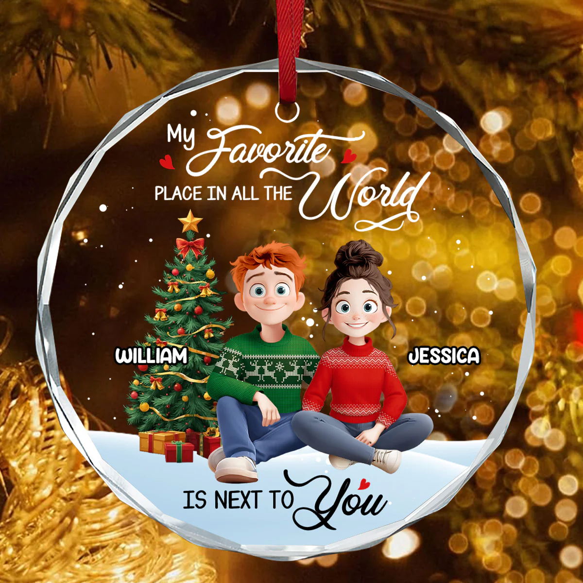 My Favorite Place In All The World Is Next To You - Personalized Round Shaped Glass Ornament - Image 4