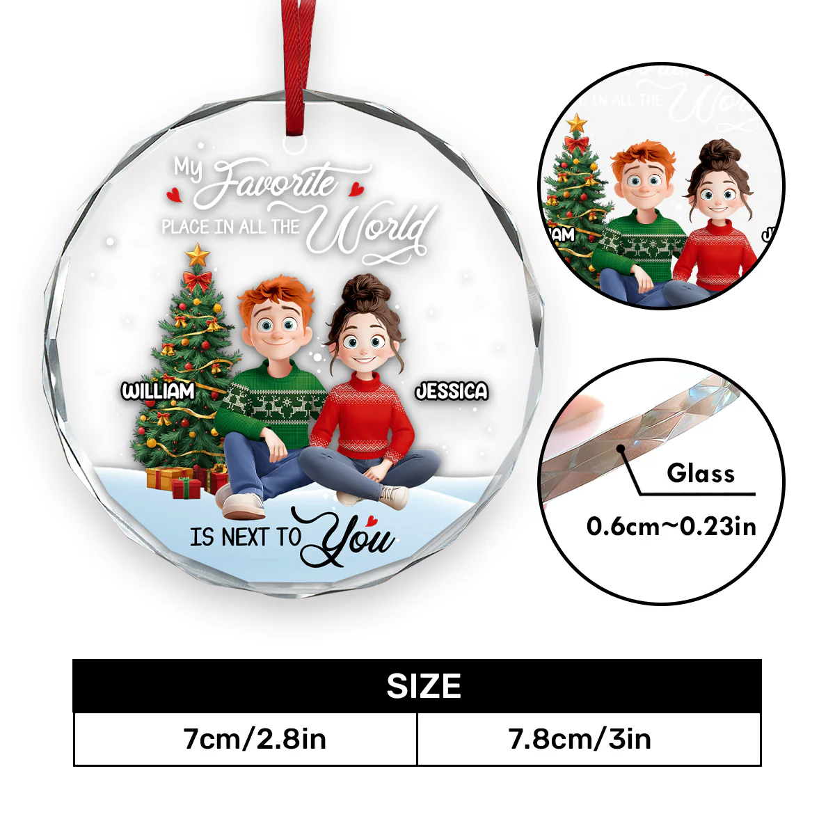My Favorite Place In All The World Is Next To You - Personalized Round Shaped Glass Ornament - Image 5