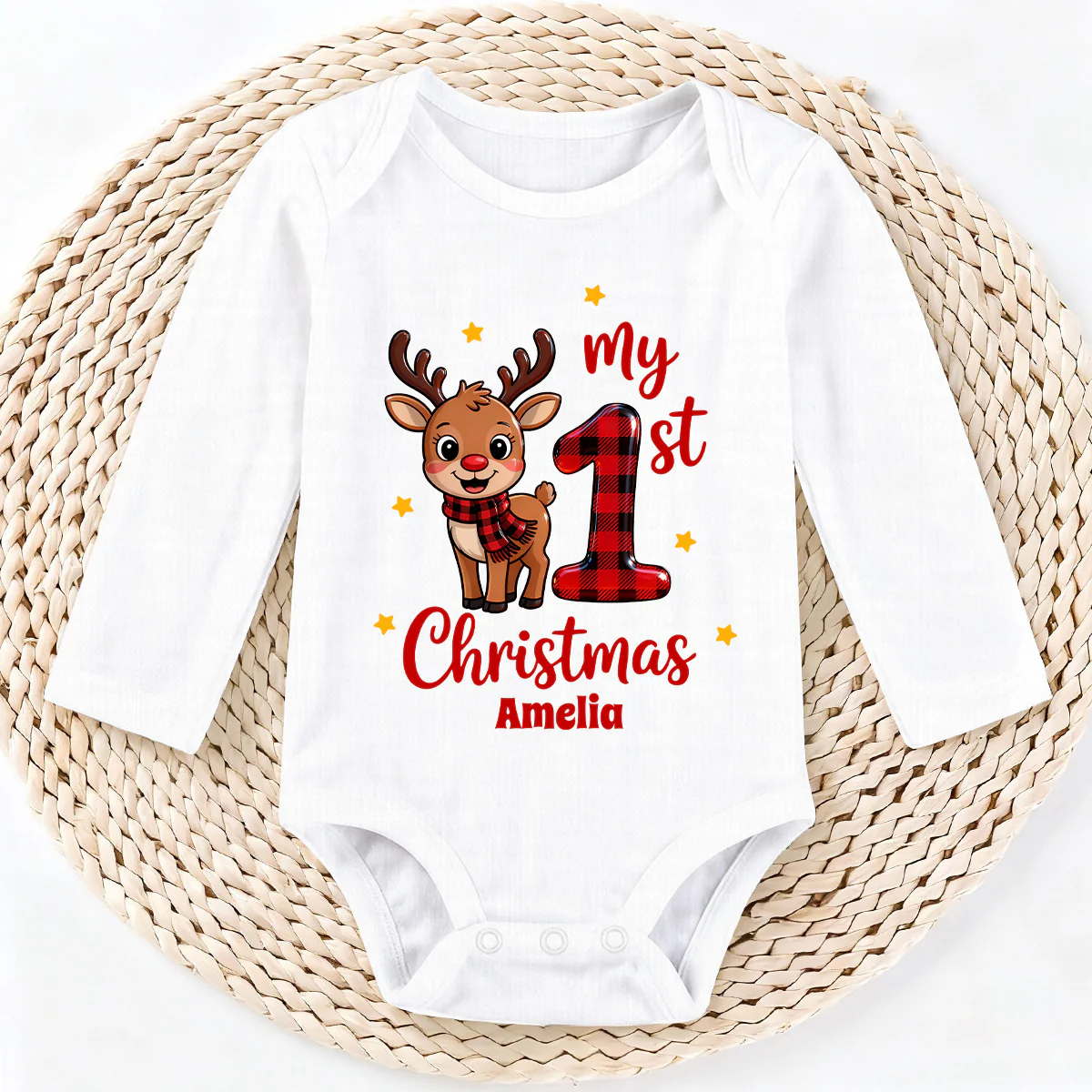 My First Christmas Reindeer - Personalized Long Sleeve Baby Onesie