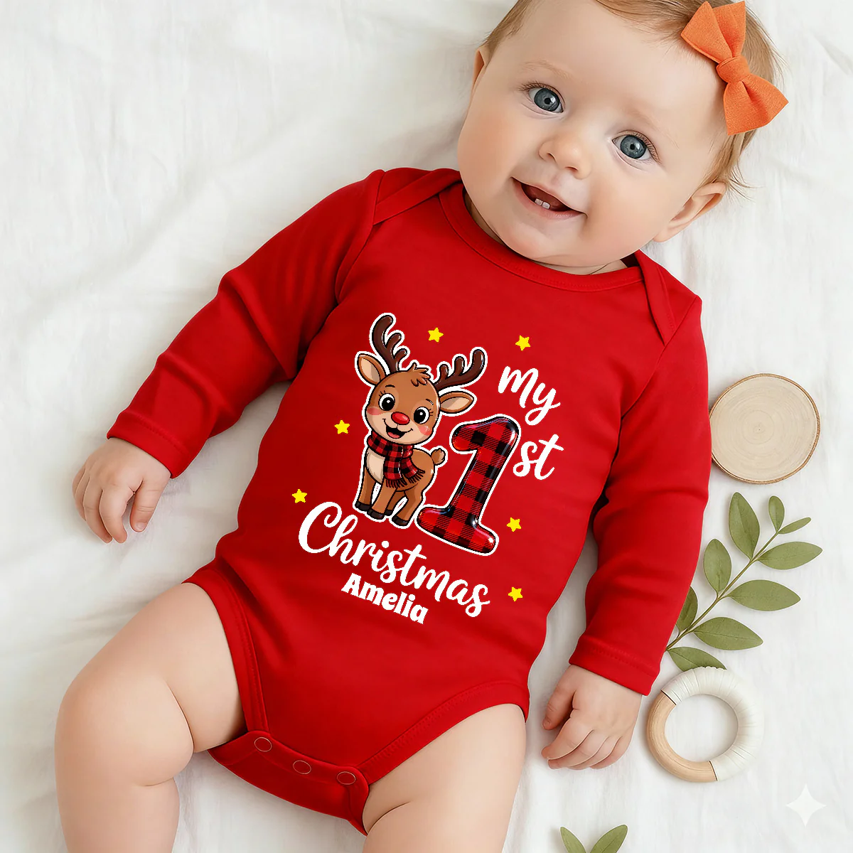 My First Christmas Reindeer - Personalized Long Sleeve Baby Onesie - Image 2