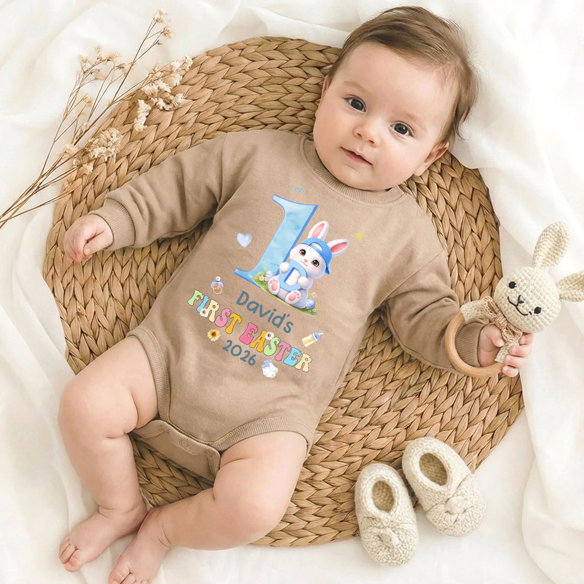 My First Easter Monogram Baby Long Sleeve Puff Romper - Personalized Baby One-Piece - Image 2