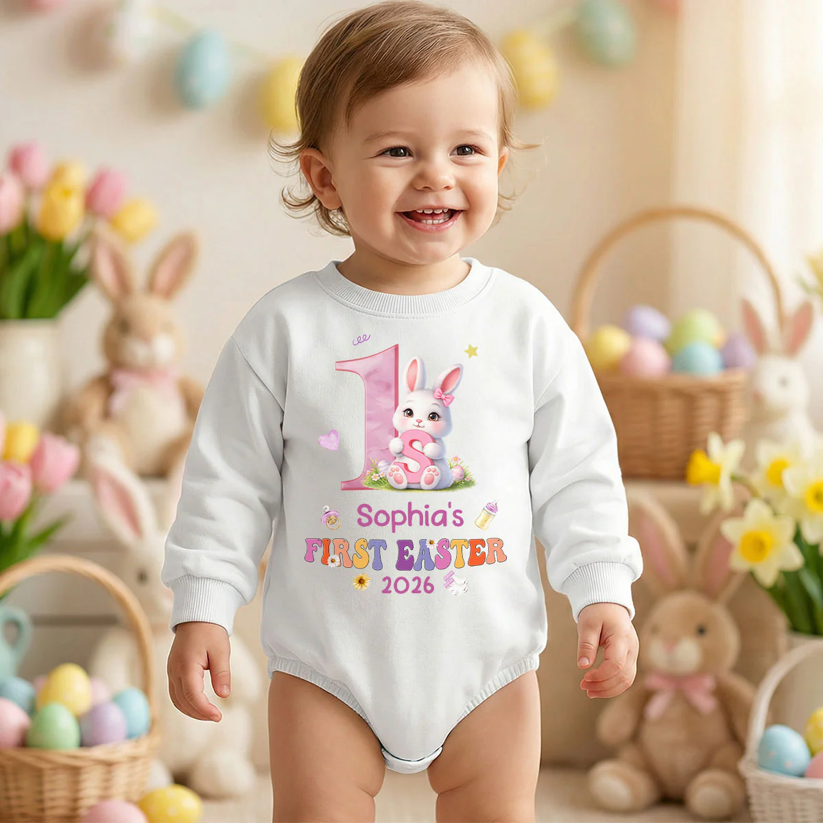 My First Easter Monogram Baby Long Sleeve Puff Romper - Personalized Baby One-Piece - Image 6