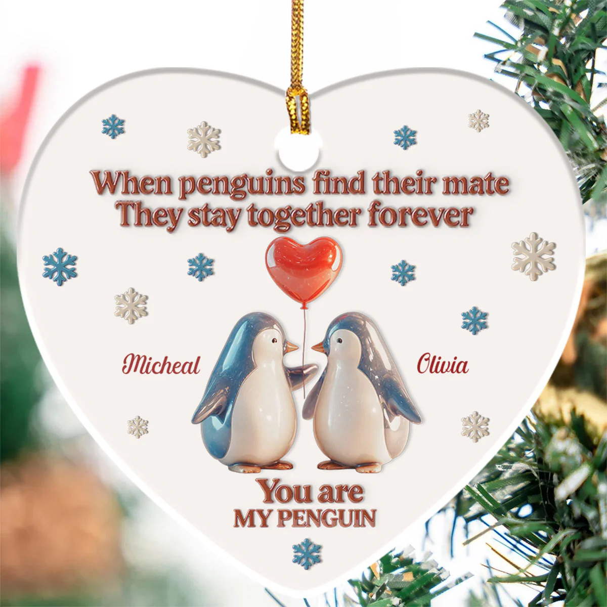 My Penguin Forever - Personalized Heart Shaped Ceramic Ornament - Image 5