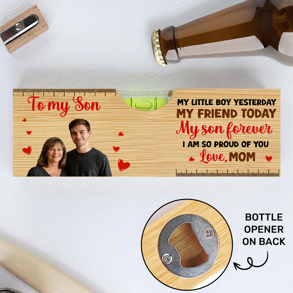 My Son Forever Custom Photo - Personalized Wooden Spirit Level Bottle Opener