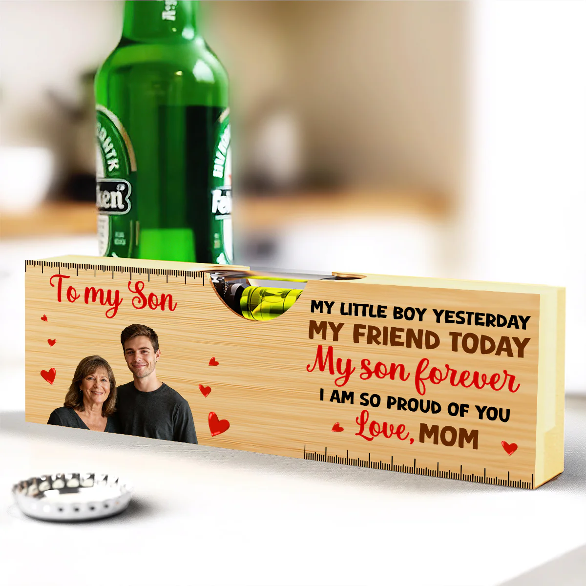 My Son Forever Custom Photo - Personalized Wooden Spirit Level Bottle Opener - Image 2