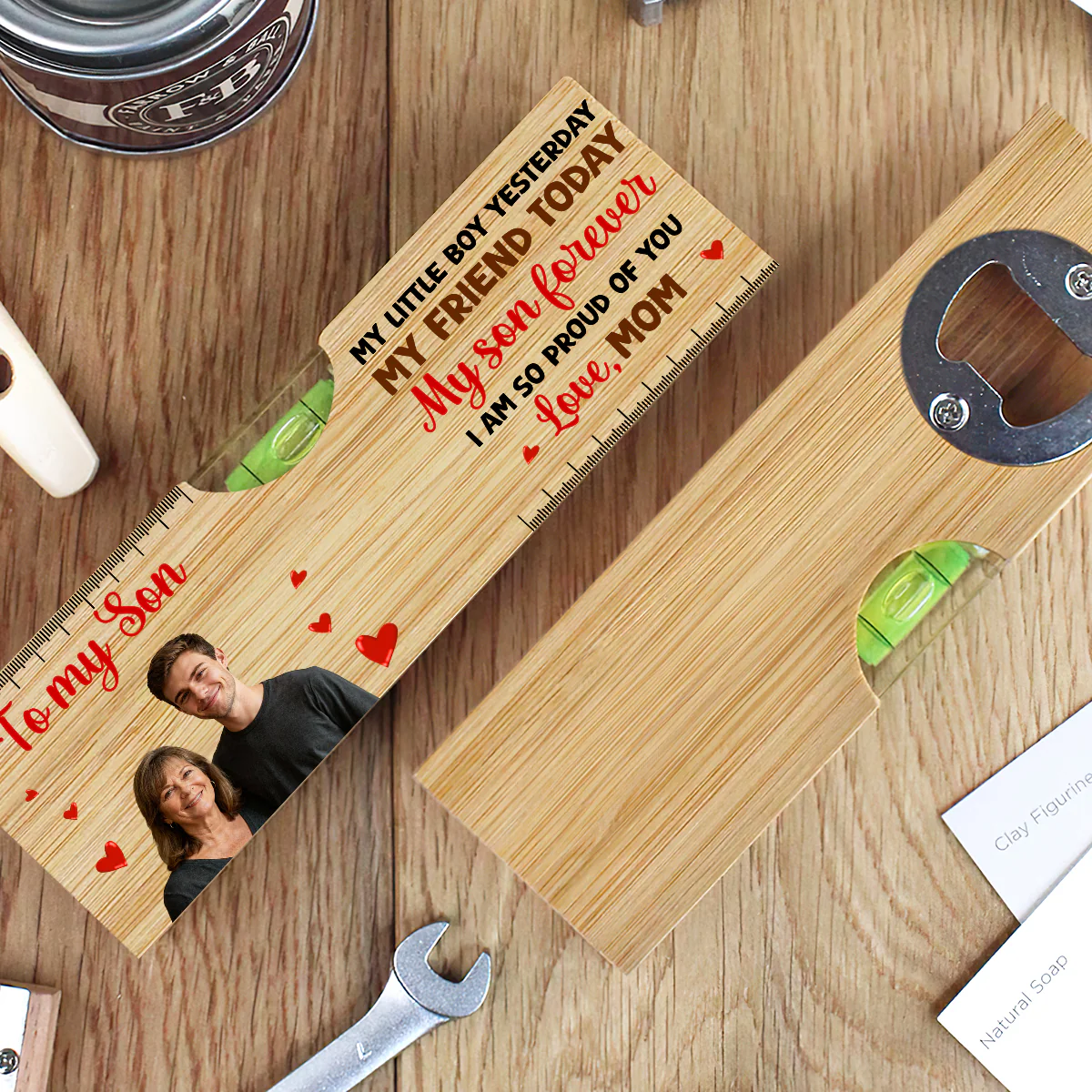 My Son Forever Custom Photo - Personalized Wooden Spirit Level Bottle Opener - Image 3