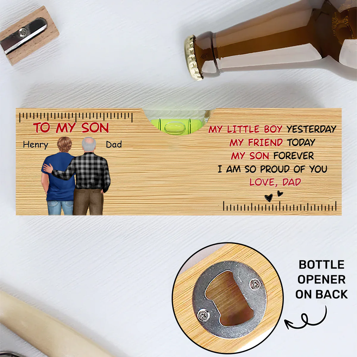 My Son Forever - Personalized Wooden Spirit Level Bottle Opener
