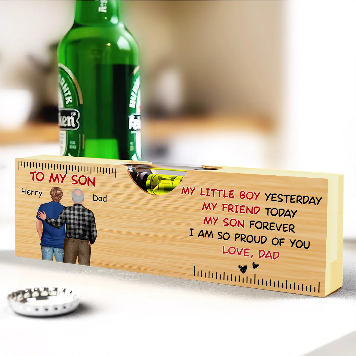 My Son Forever - Personalized Wooden Spirit Level Bottle Opener - Image 2