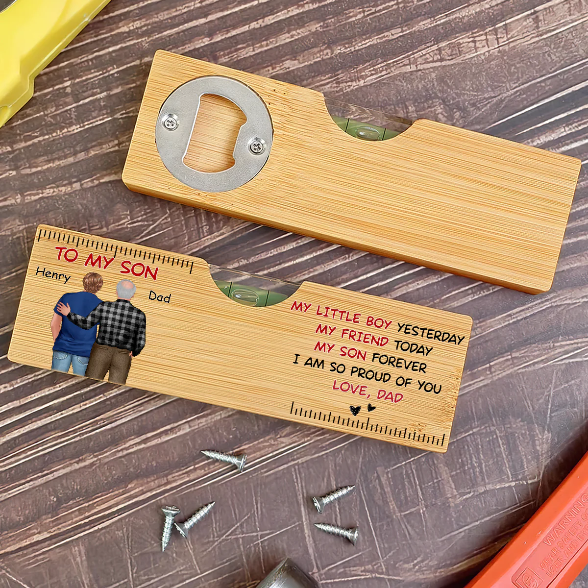 My Son Forever - Personalized Wooden Spirit Level Bottle Opener - Image 5