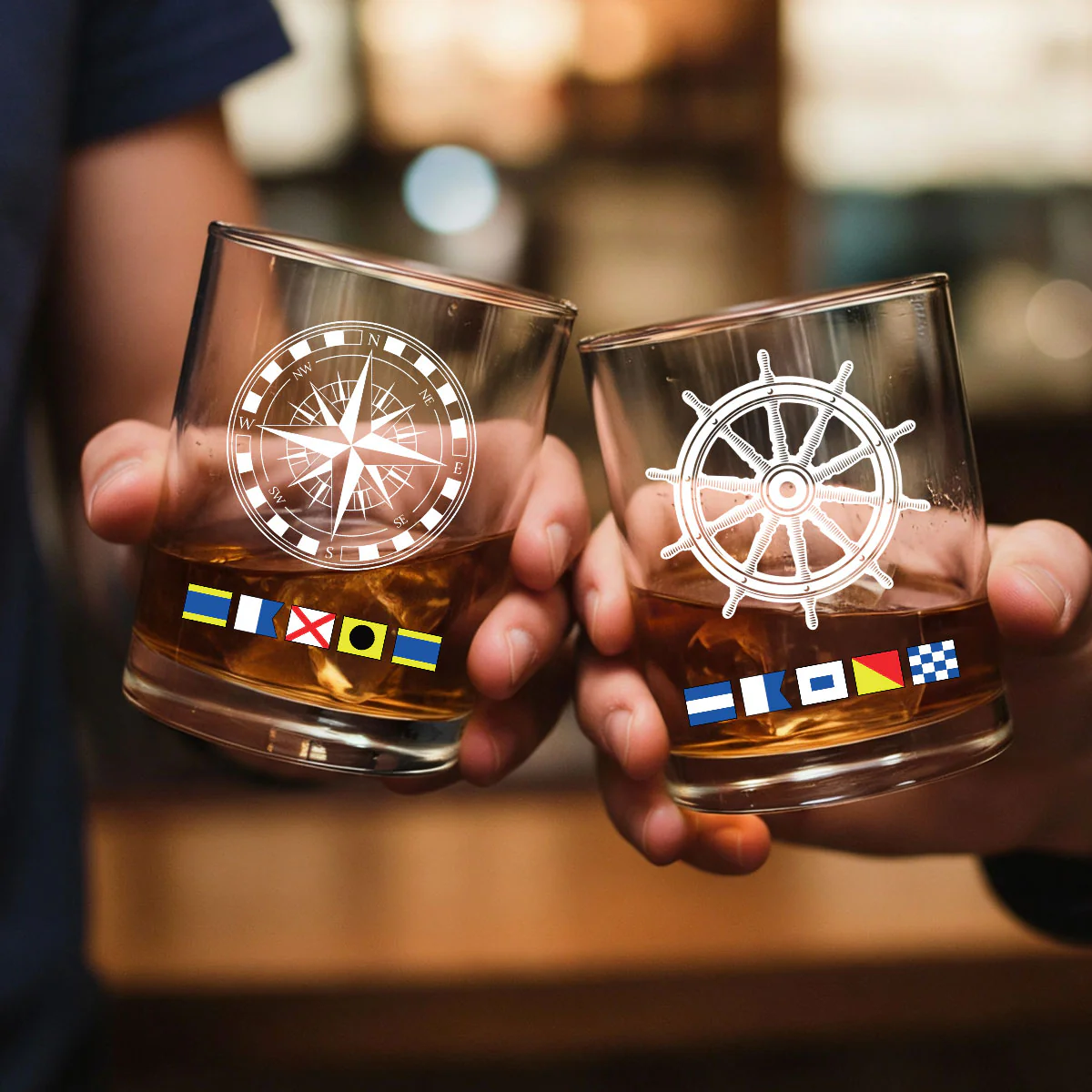 Name In Nautical Flags, Sailor, Anchor Compass Life - Personalized Round Whiskey Glass