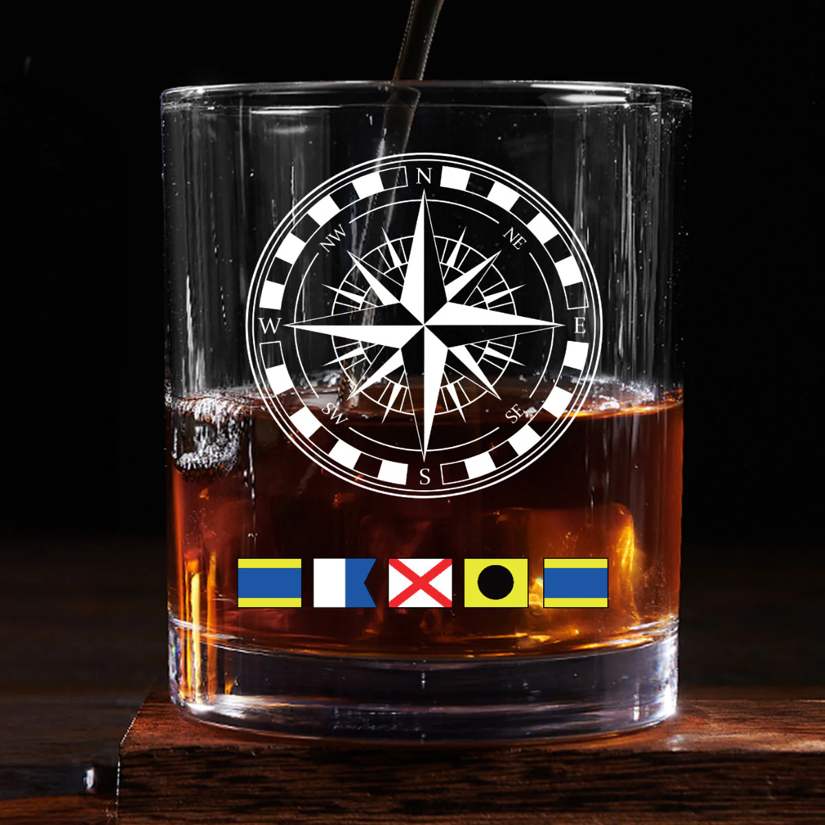 Name In Nautical Flags, Sailor, Anchor Compass Life - Personalized Round Whiskey Glass - Image 2