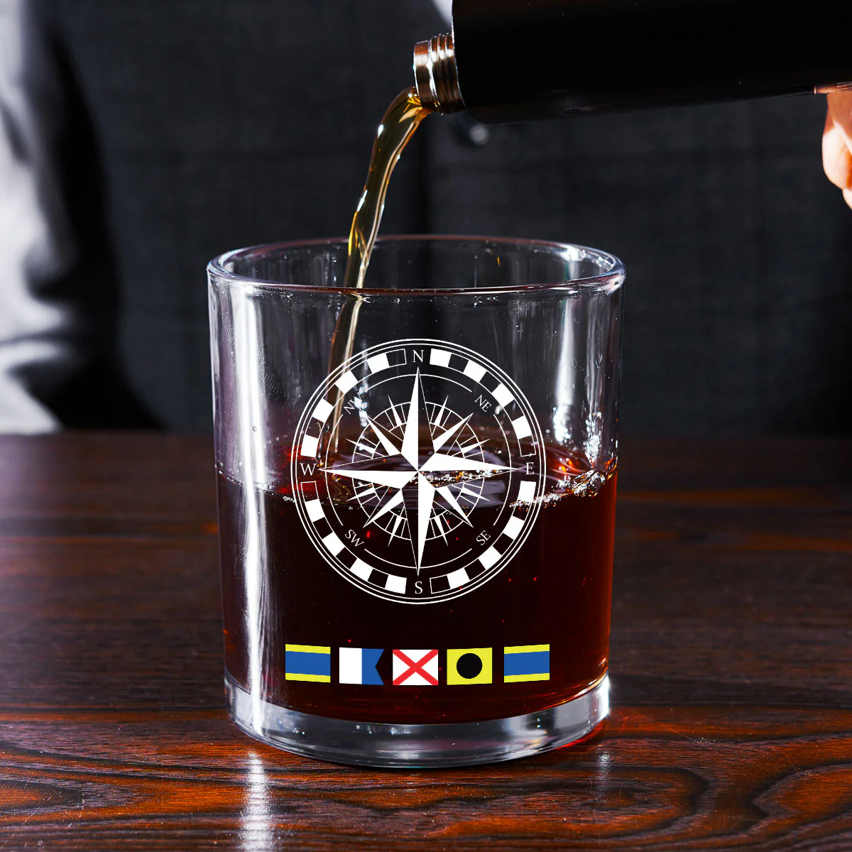 Name In Nautical Flags, Sailor, Anchor Compass Life - Personalized Round Whiskey Glass - Image 3