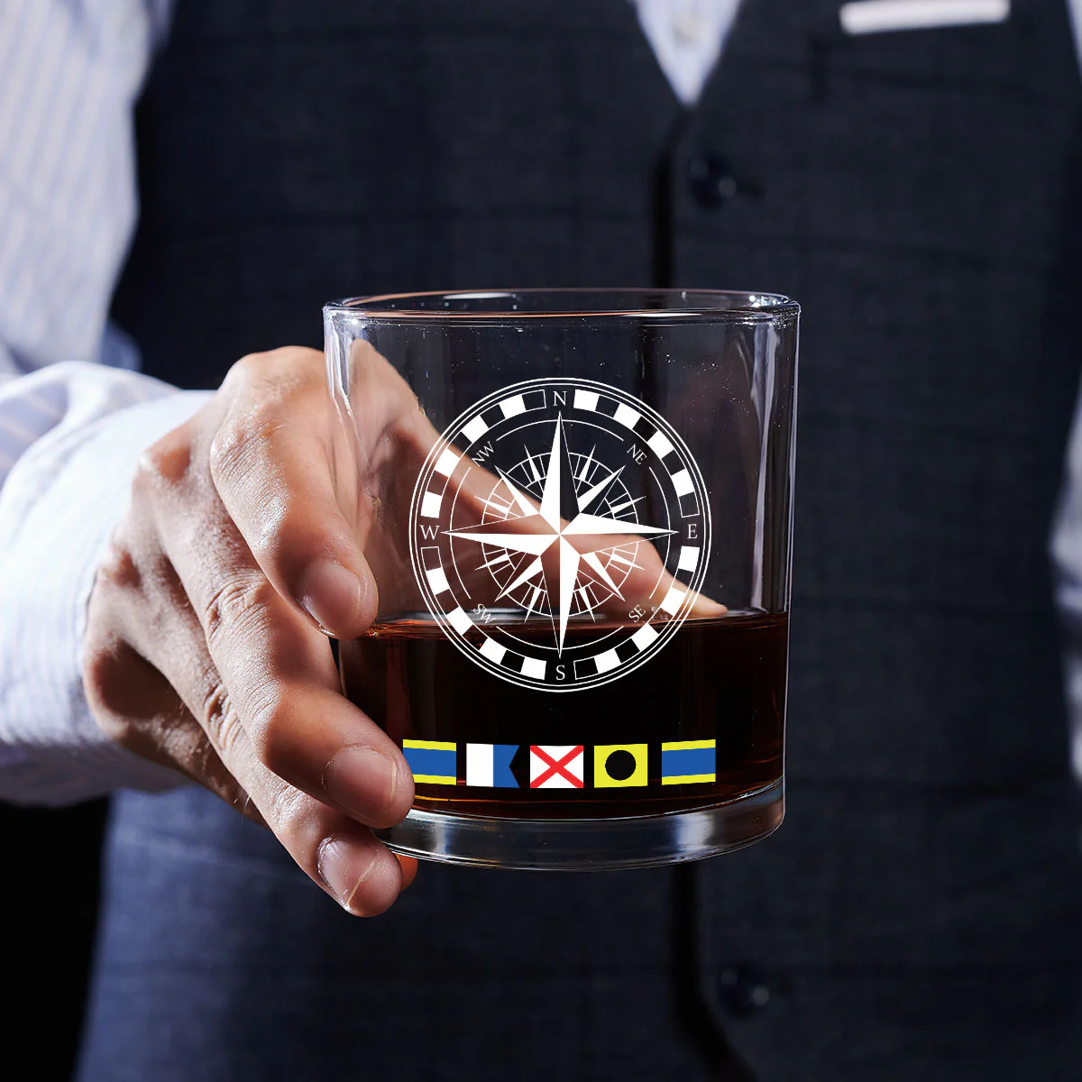 Name In Nautical Flags, Sailor, Anchor Compass Life - Personalized Round Whiskey Glass - Image 5