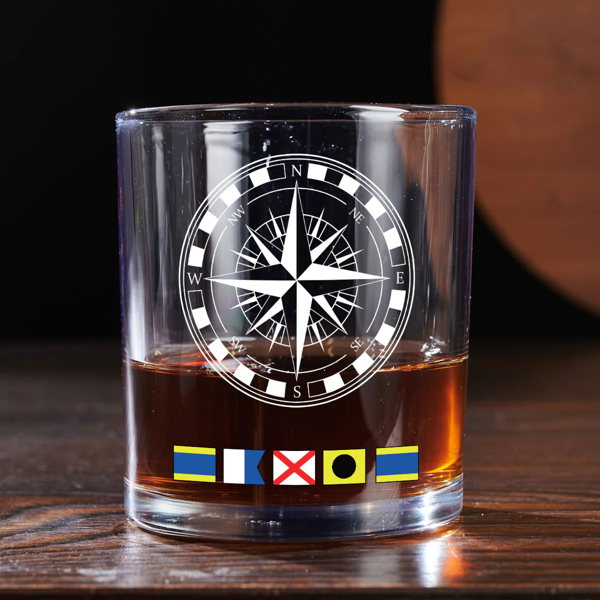 Name In Nautical Flags, Sailor, Anchor Compass Life - Personalized Round Whiskey Glass - Image 6