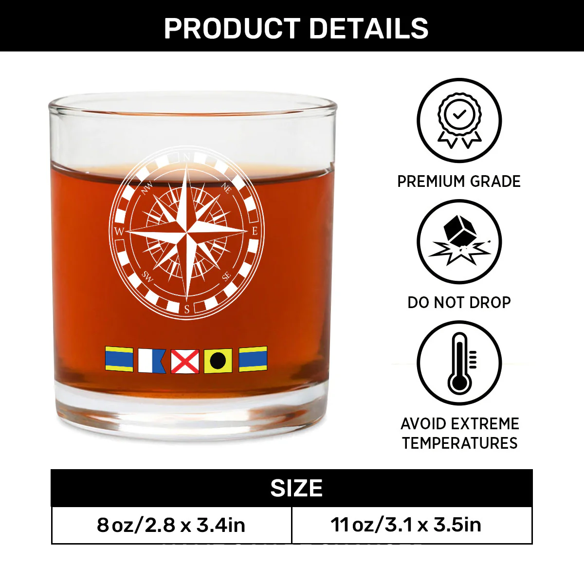 Name In Nautical Flags, Sailor, Anchor Compass Life - Personalized Round Whiskey Glass - Image 7