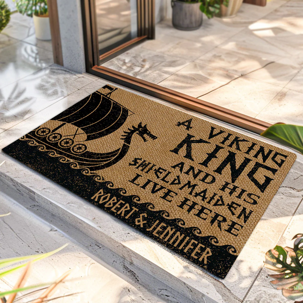 Name In Runes Viking A Viking King And His Shieldmaiden Live Here - Personalized Doormat - Image 2