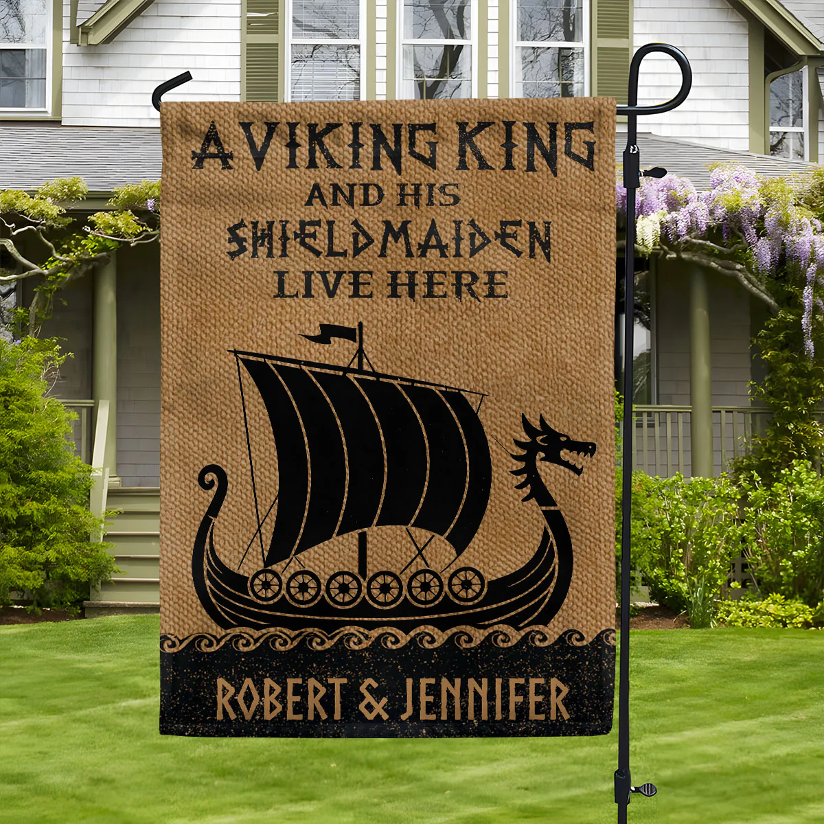 Name In Runes Viking A Viking King And His Shieldmaiden Live Here - Personalized Garden Flag
