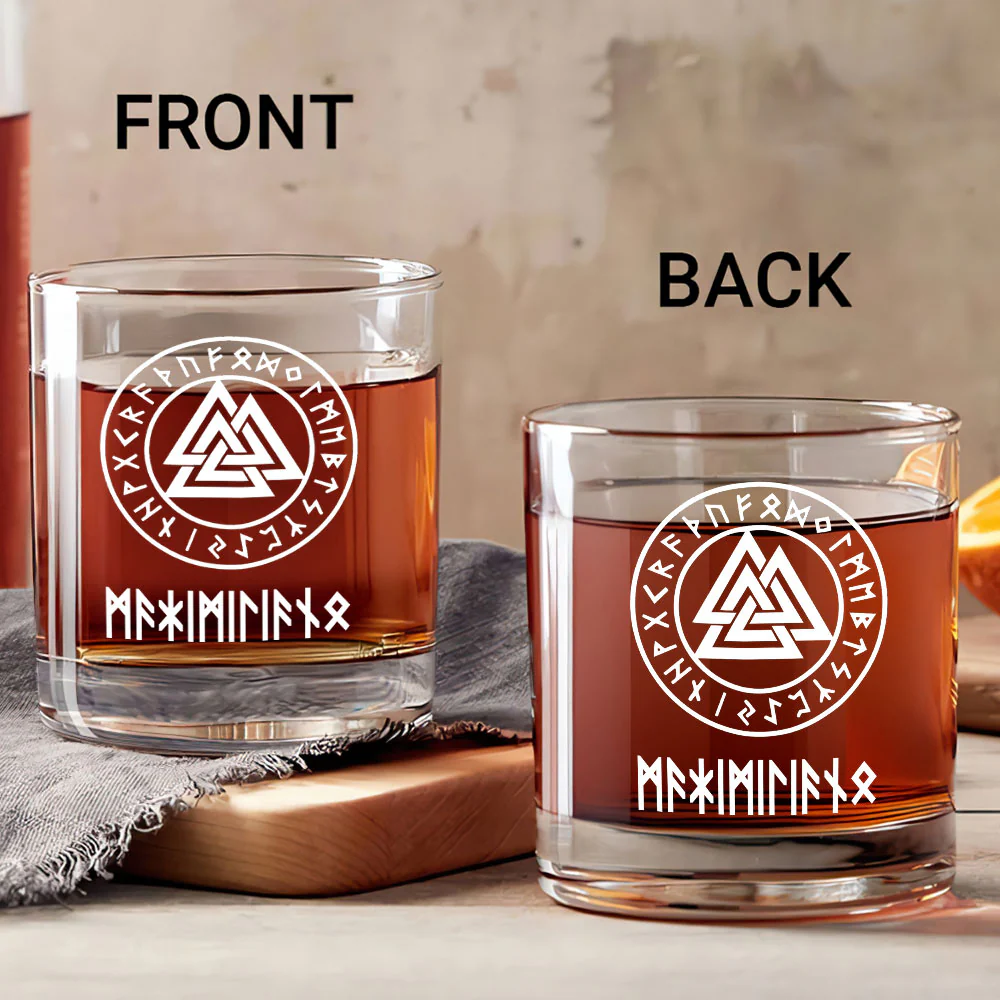 Name In Runes Viking Gift For Dad, Husband, Boyfriend, Hiking Lovers - Personalized Round Whiskey Glass - Image 2