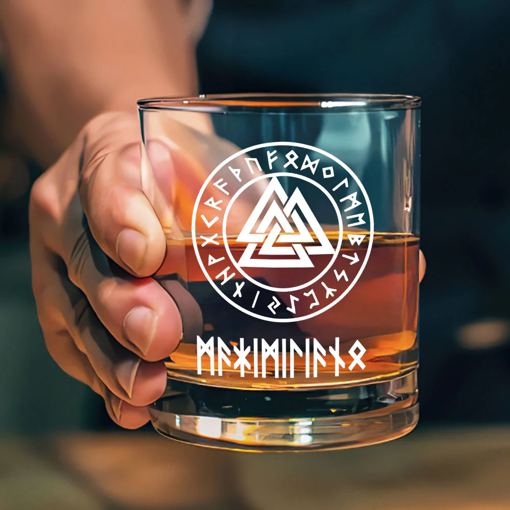 Name In Runes Viking Gift For Dad, Husband, Boyfriend, Hiking Lovers - Personalized Round Whiskey Glass - Image 3