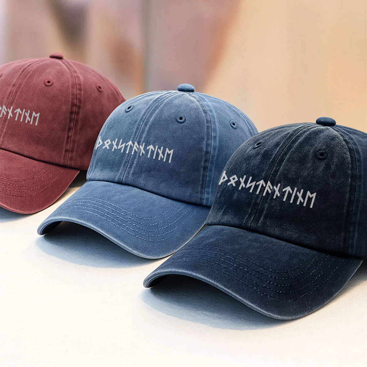 Name In Runes Viking Gift For Dad, Husband, Boyfriend, Hiking Lovers - Personalized Vintage Washed Denim Cap - Image 3