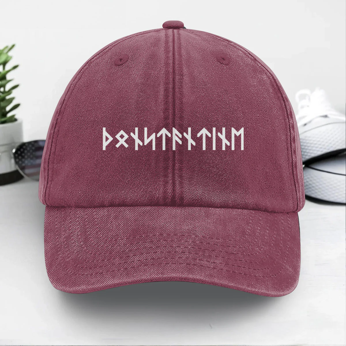 Name In Runes Viking Gift For Dad, Husband, Boyfriend, Hiking Lovers - Personalized Vintage Washed Denim Cap - Image 5