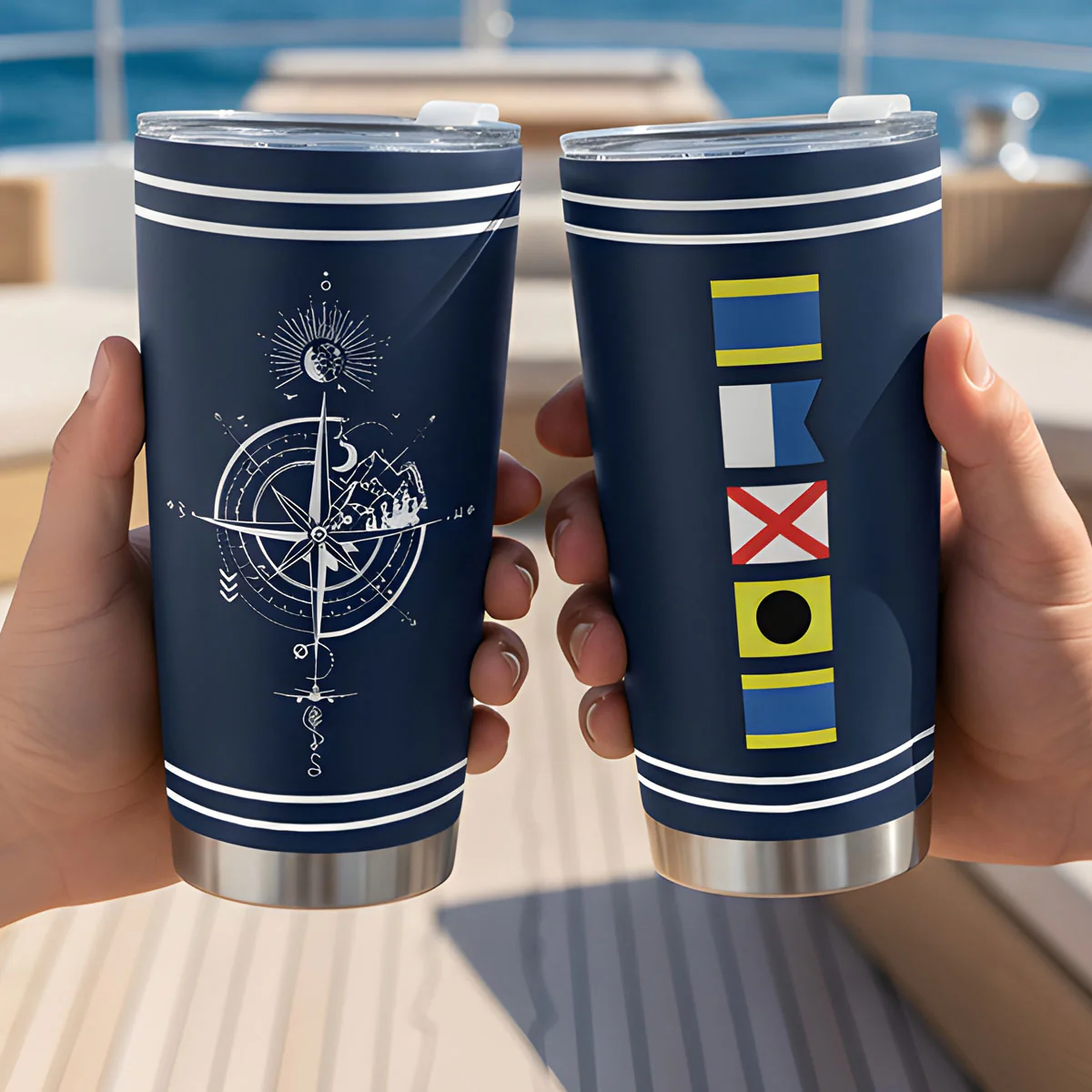 Nautical Compass & Ship Name In Nautical Flags - Personalized Stainless Steel Tumbler