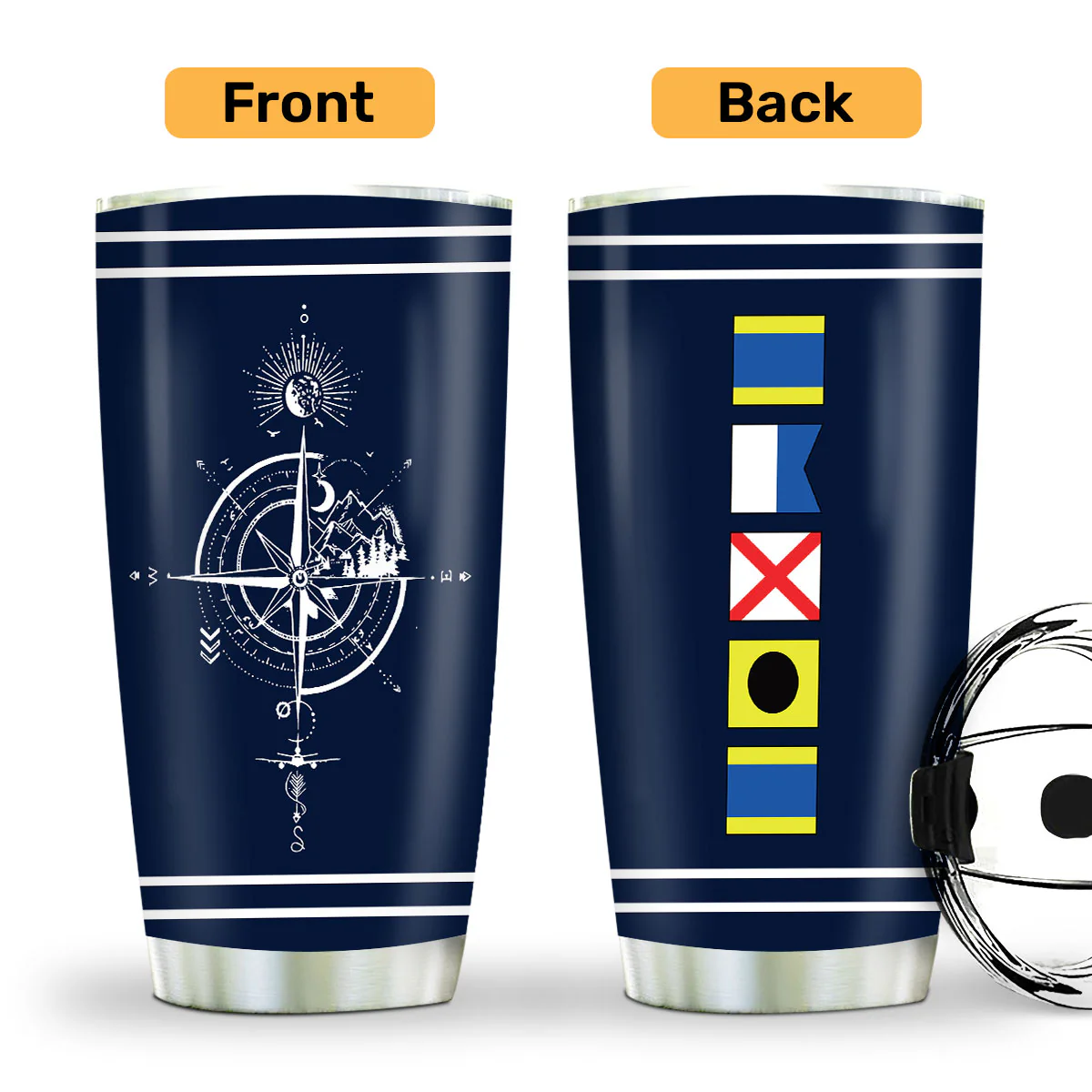 Nautical Compass & Ship Name In Nautical Flags - Personalized Stainless Steel Tumbler - Image 2
