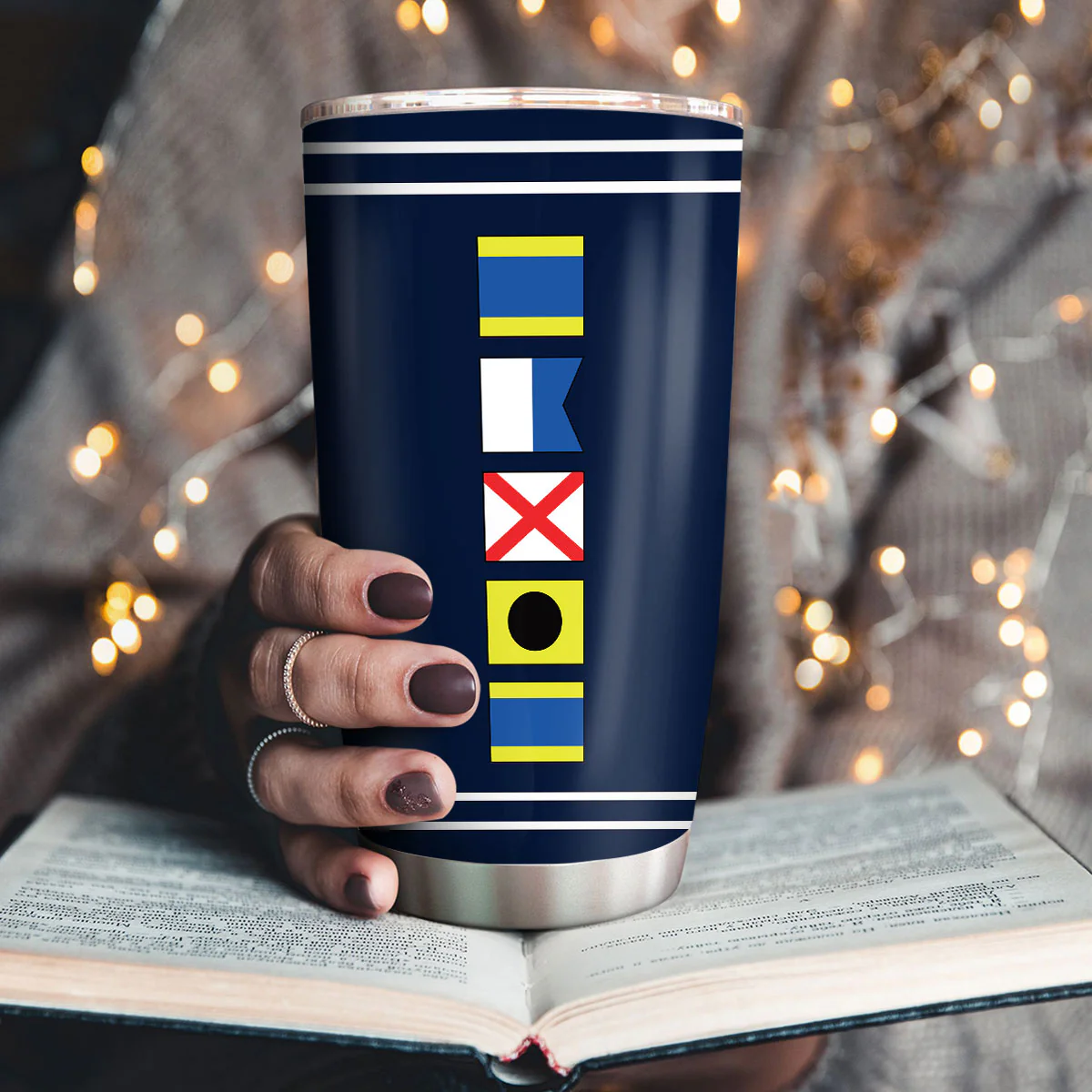 Nautical Compass & Ship Name In Nautical Flags - Personalized Stainless Steel Tumbler - Image 3