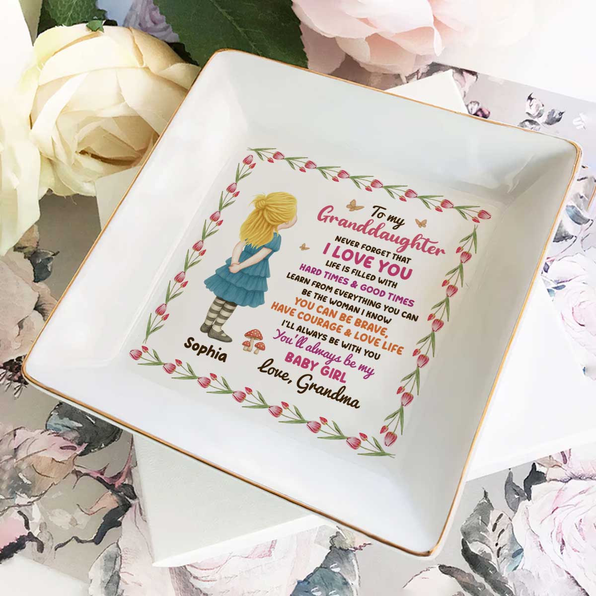 Never Forget Granddaughter - Personalized Square Shaped Jewelry Dish - Image 2