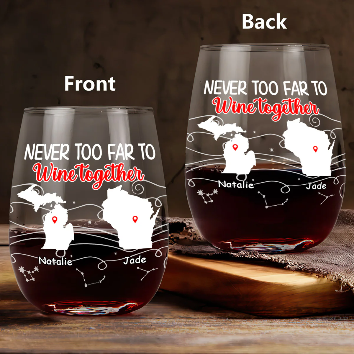 Never Too Far To Drink - Personalized Stemless Wine Glass - Image 3