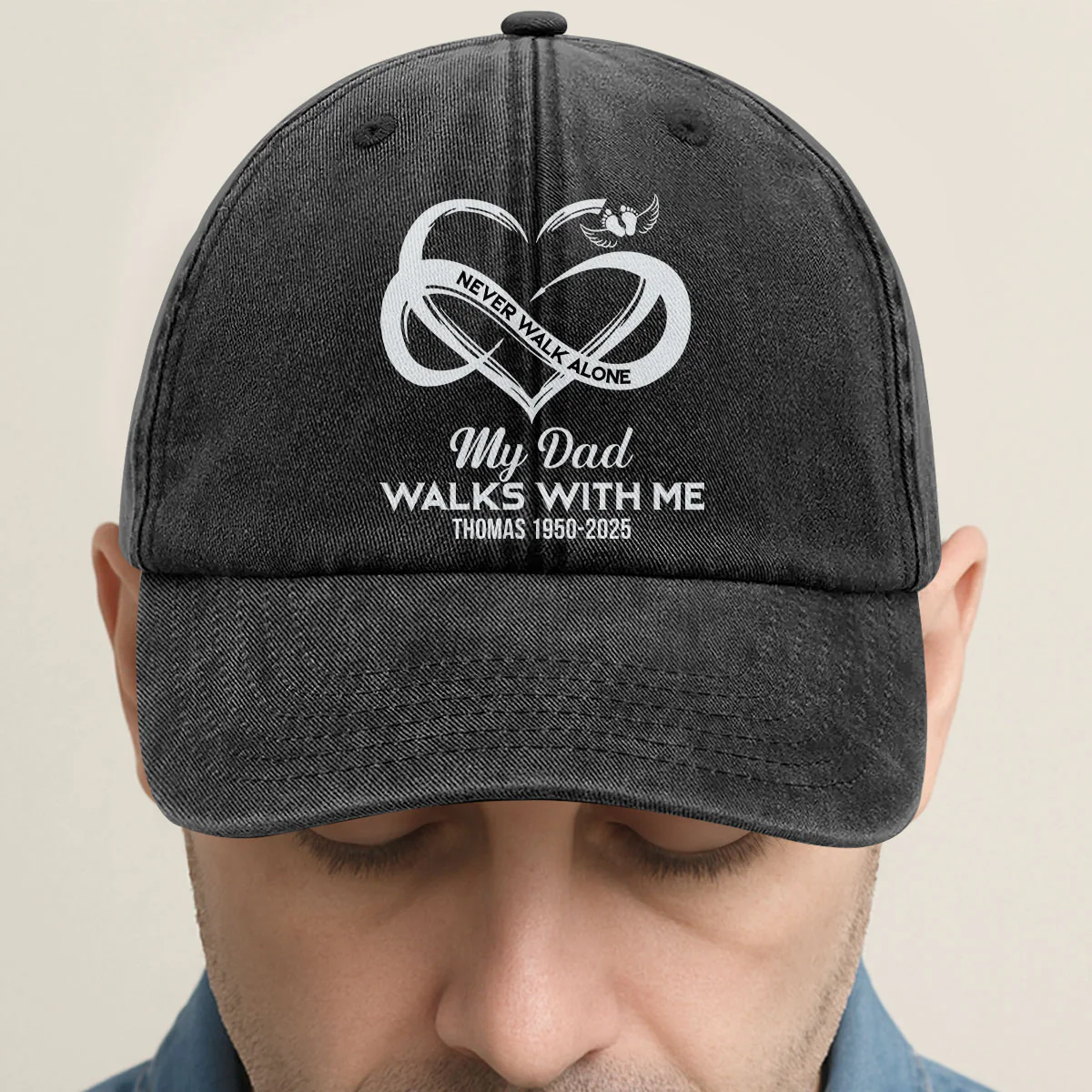 Never Walk Alone - Personalized Vintage Washed Denim Cap - Image 2